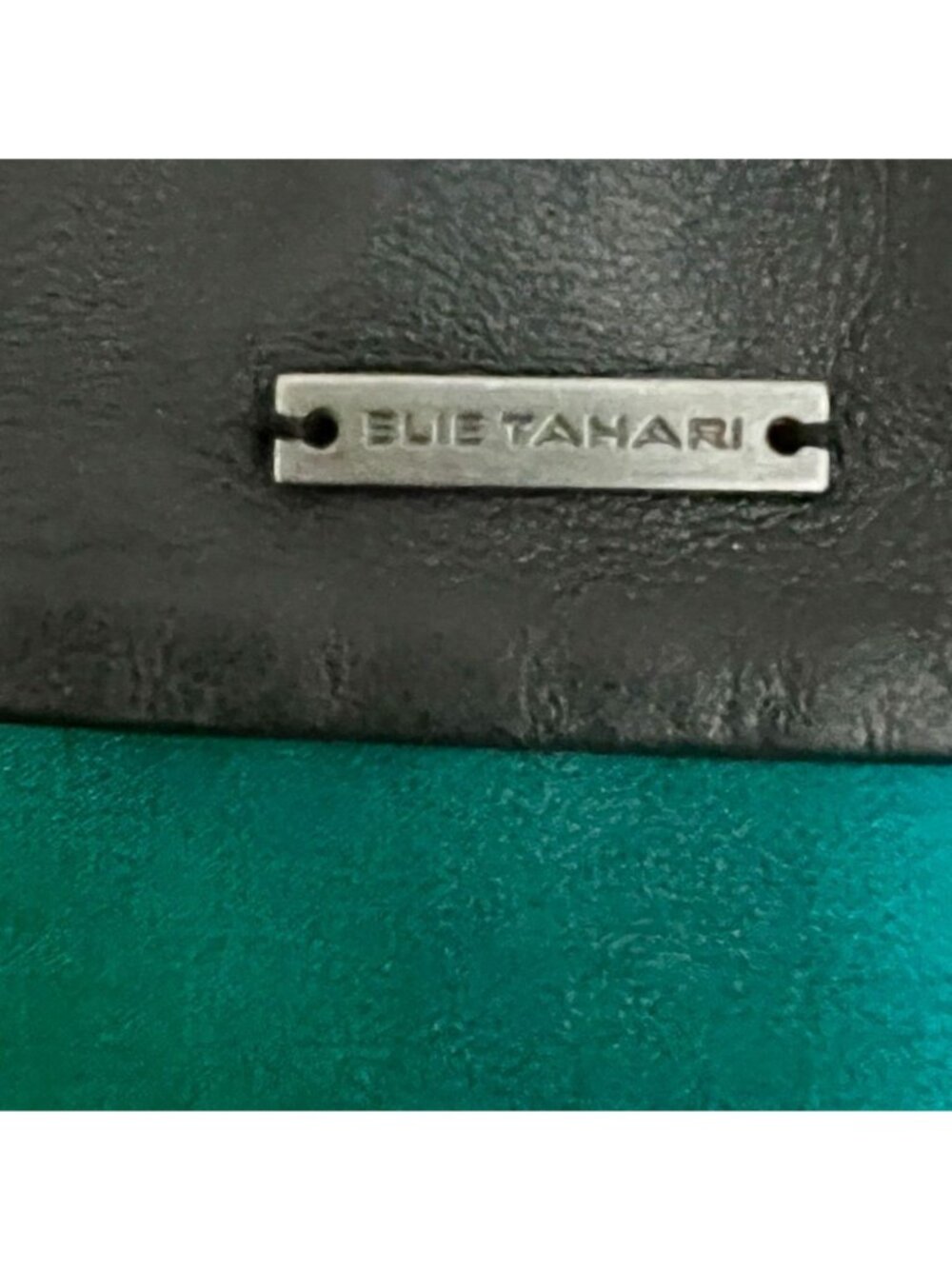 Elie Tahari Silk Blouse Leather Collar Emerald Abstract Print Quiet Luxury L - Picture 7 of 13